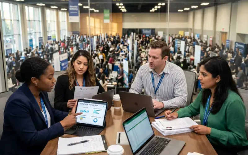 A recruitment team in a conference room analyzing a digital dashboard of career fair performance metrics on a tablet.