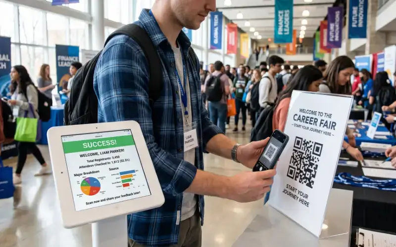 A student using a smartphone to scan a QR code at a career fair check-in kiosk displaying registration data.