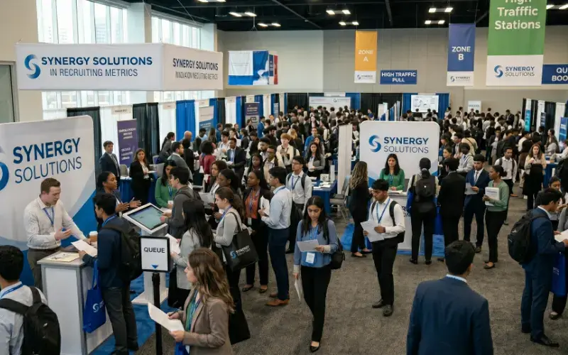 A wide shot of a bustling career fair booth with recruiters engaging a crowd of students in a busy hall.