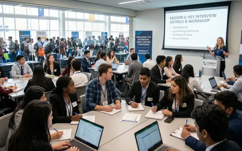 An instructor leading a professional workshop in a glass-walled room while students take notes on laptops and paper.