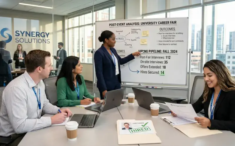 A team of professionals reviewing a whiteboard labeled "Hiring Pipeline" with specific metrics for interviews and offers.