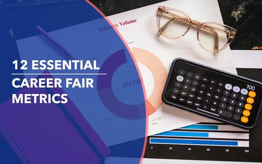 A top-down view of a desktop workspace featuring a financial report with a large red and orange doughnut chart, a calculator app open on a smartphone, glasses, and a pink notebook, representing the data-driven analysis of career fair metrics.