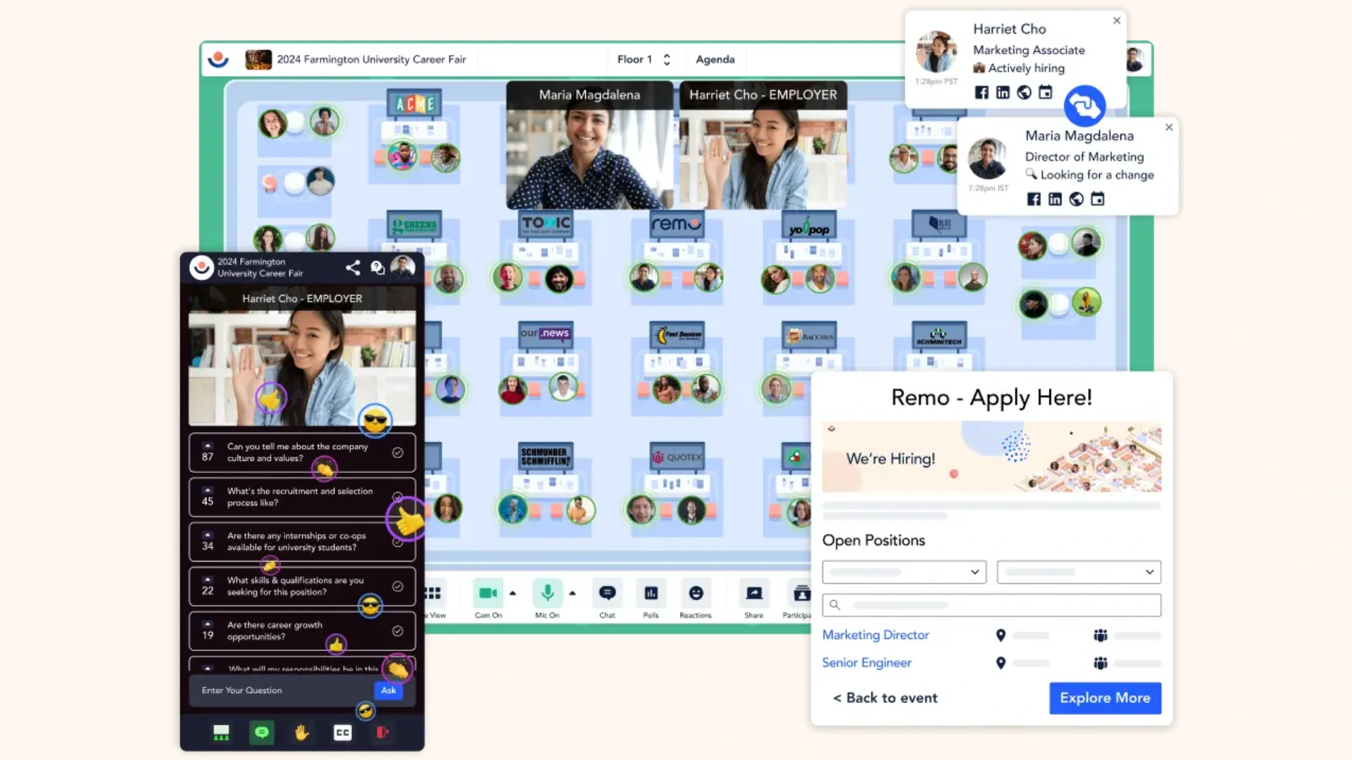 Remo Virtual career fair platform with booths and live video networking for hybrid events.