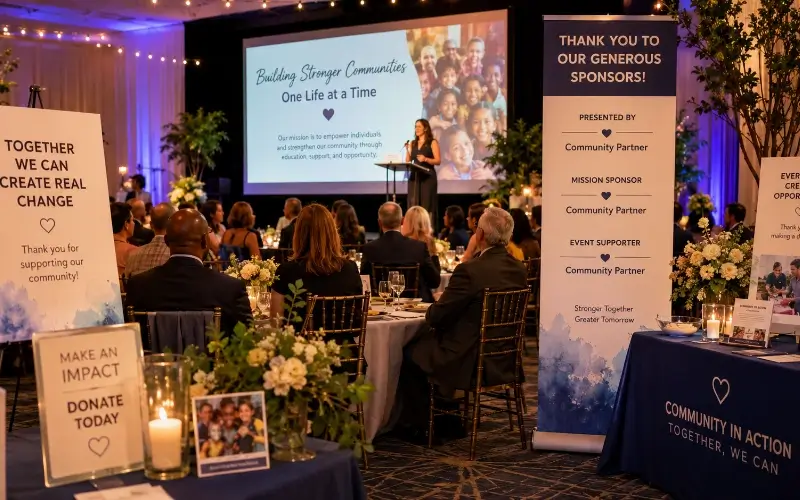 Guests at a formal charity gala face a stage with a presentation screen, surrounded by prominent sponsor recognition banners and donation signage.