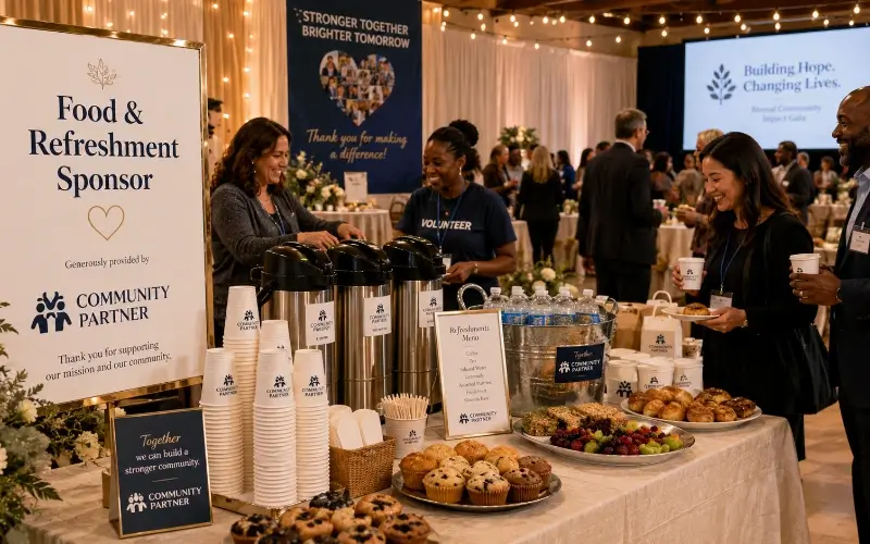 Attendees gather at a refreshment station featuring coffee, pastries, and fruit under a prominent "Food & Refreshment Sponsor" sign.