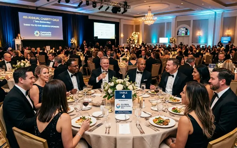 Formal attire guests enjoy a banquet at a ballroom table featuring a prominent "Table 4" sponsor sign for Global Solutions Inc.