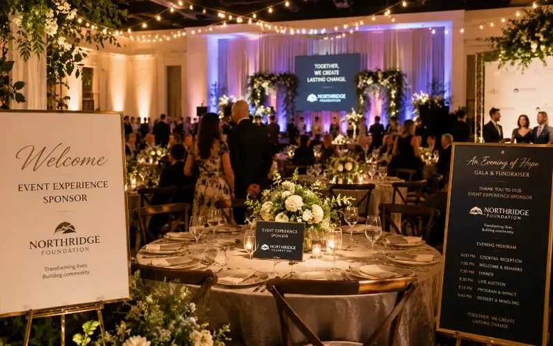 A formal gala and fundraiser room is set up with decorated round tables and event experience sponsorship signage for the Northridge Foundation.