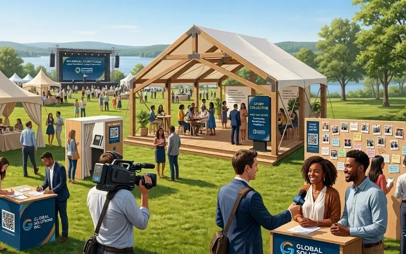 An outdoor charity event landscape featuring a "Story Collective" pavilion, a testimonial photo board, and a camera crew capturing social impact stories sponsored by Global Solutions Inc.