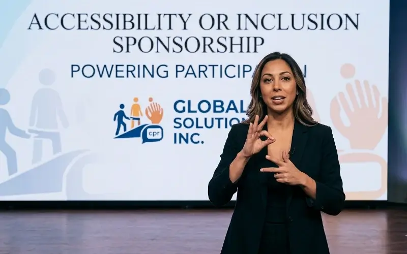 A presenter in a dark blazer uses sign language on stage in front of a screen displaying the title "ACCESSIBILITY OR INCLUSION SPONSORSHIP" and "POWERING PARTICIPATION".