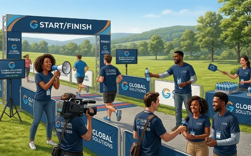 Volunteers in matching "Global Solutions" t-shirts manage a charitable race event, providing water and support at the start/finish line.