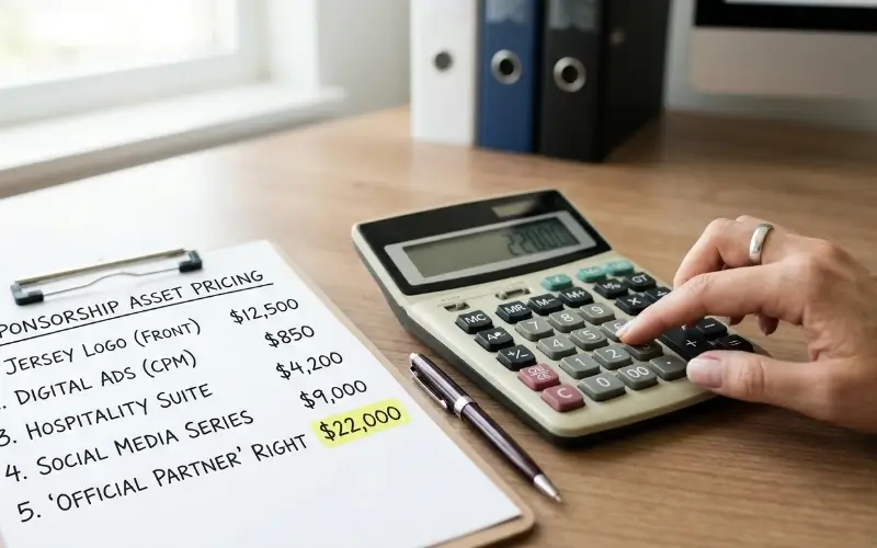 A person calculating the total value of a sponsorship package on a desktop calculator next to a clipboard listing individual asset prices.