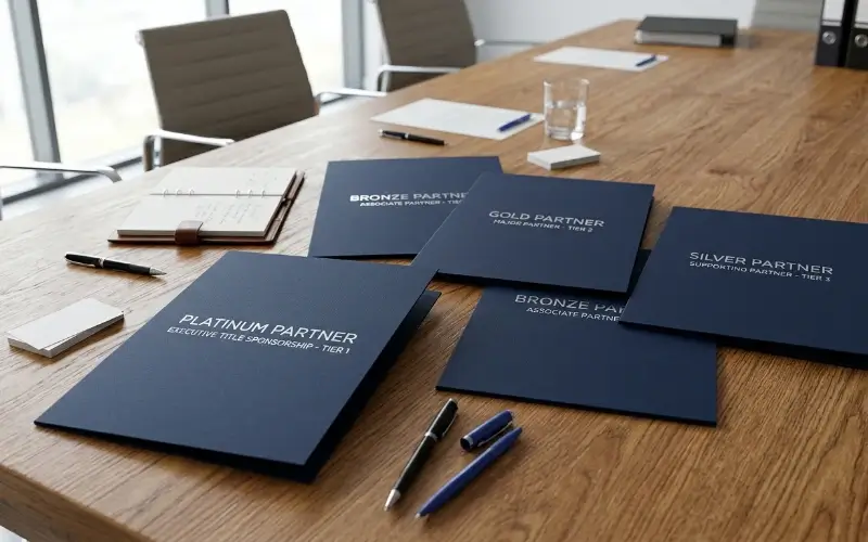 Several dark blue corporate folders labeled with different tiered sponsorship levels, including Platinum, Gold, Silver, and Bronze, arranged on a wooden conference room table alongside pens and notebooks.