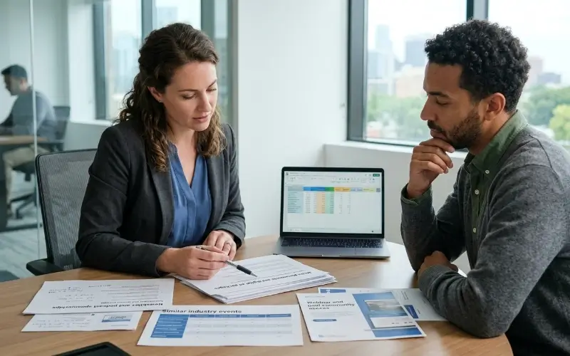 Two professionals analyze spreadsheet data and marketing documents at a desk to compare sponsorship pricing against market competitors.