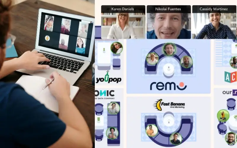A split-screen comparison showing an employer on a standard, grid-based video call on the left versus Remo’s interactive, visual floor plan with virtual networking tables on the right.