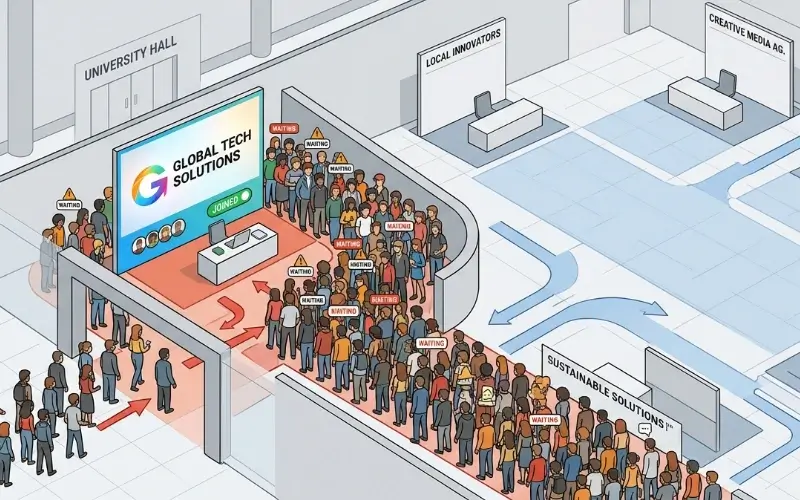 An isometric illustration showing poor spatial layout causing a massive bottleneck of waiting students at one major booth while surrounding employer booths sit completely empty.