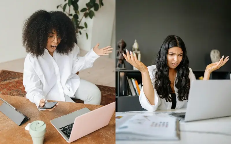 A side-by-side photo showing a frustrated student on the left and a confused recruiter on the right struggling with their laptops due to a lack of pre-fair preparation.