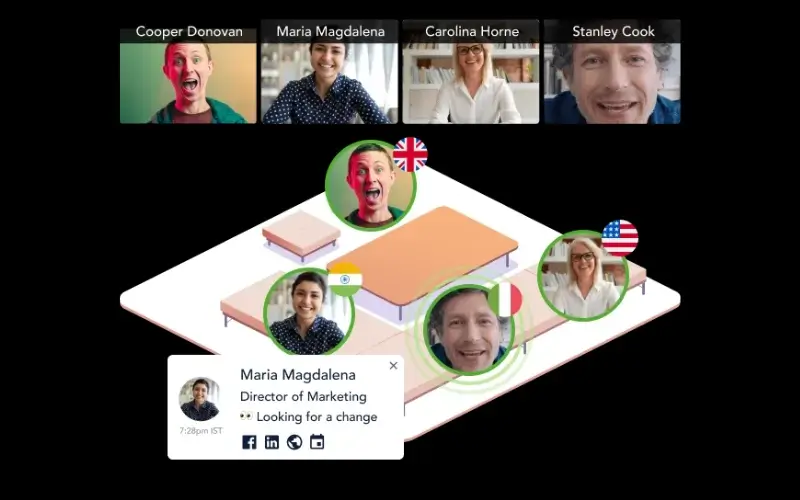 An illustration demonstrating global reach on Remo’s platform, showing an interactive visual floor plan table where international recruiters and candidates from different countries connect via video chat.