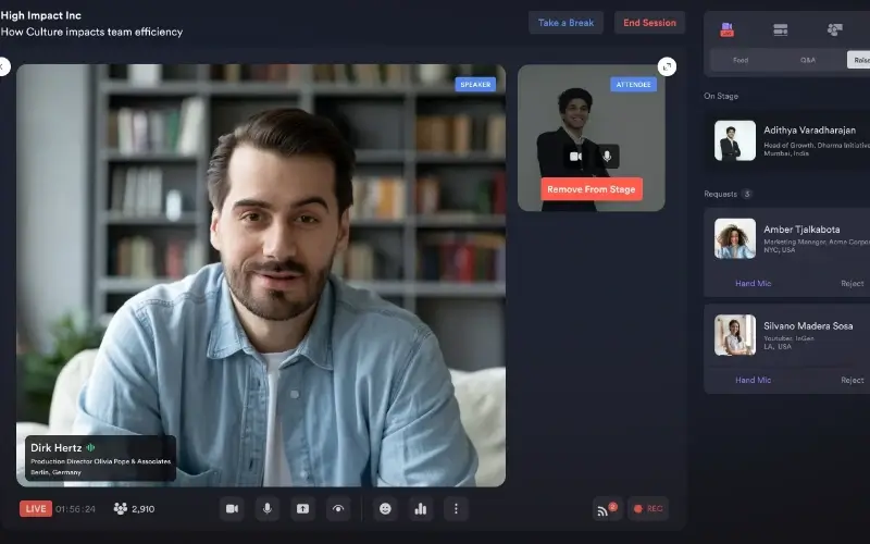 User interface of a live virtual stage featuring a male speaker in a denim shirt, with right-side panels displaying attendee requests to join the stage.