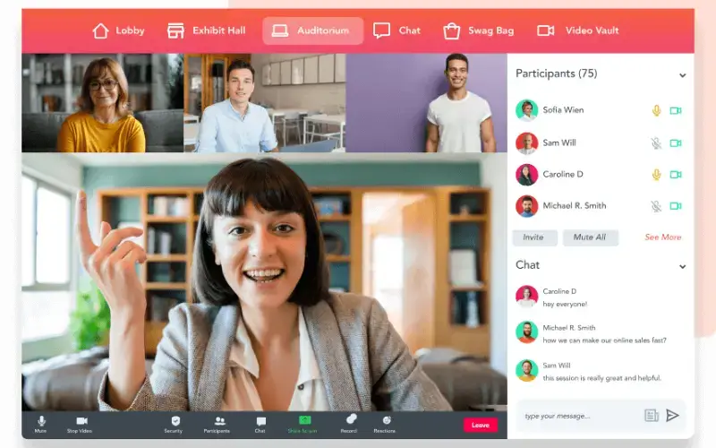A virtual auditorium interface featuring a large video feed of a female presenter gesturing, surrounded by an event navigation bar and attendee list.