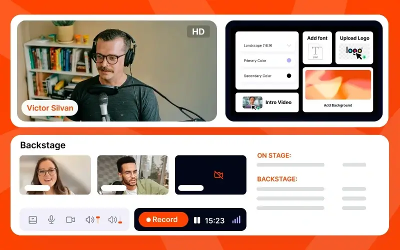 A digital broadcast control panel displaying a live presenter with a microphone next to branding tools, with a backstage video feed below.
