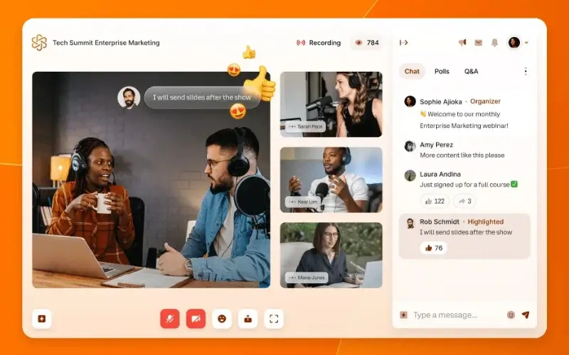A split-screen webinar workspace showcasing a two-person panel discussion on the left and a dedicated audience chat and Q&A feed on the right.