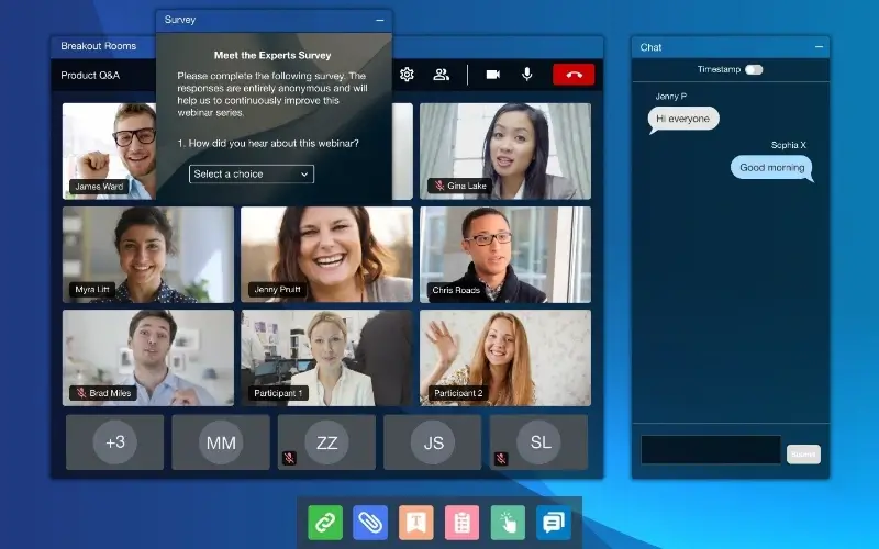 A dark blue webinar window featuring multi-person video feeds, an active "Meet the Experts" pop-up survey, and a live audience chat sidebar.