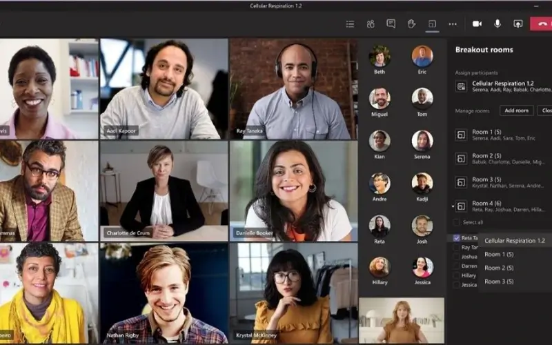 A large gallery grid layout showing video feeds of twelve diverse meeting participants, alongside a right-side panel managing virtual breakout rooms.