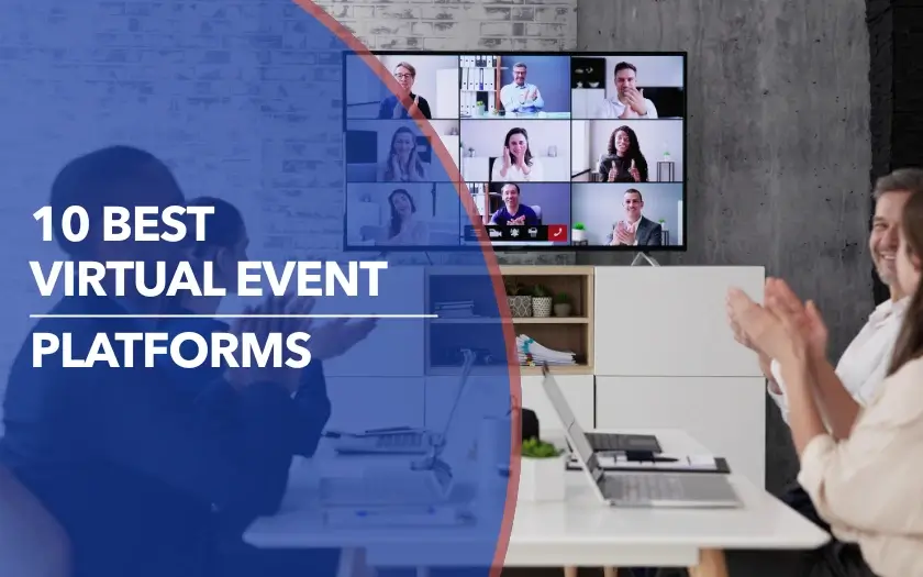 A blog thumbnail with a video meeting on a TV screen, office workers clapping, and text reading "10 BEST VIRTUAL EVENT PLATFORMS."