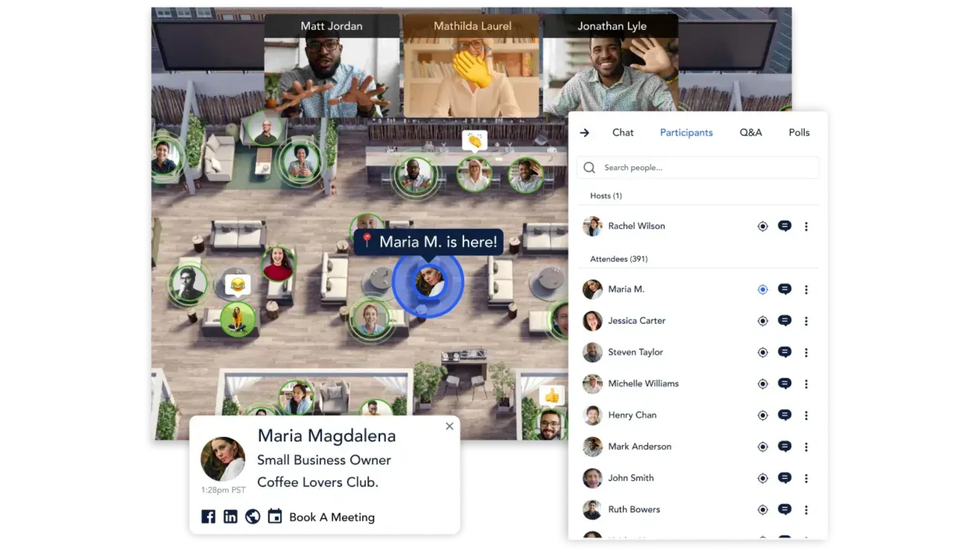 Virtual networking event where attendees join conversations, browse participant profiles, and schedule meetings in an interactive event space.