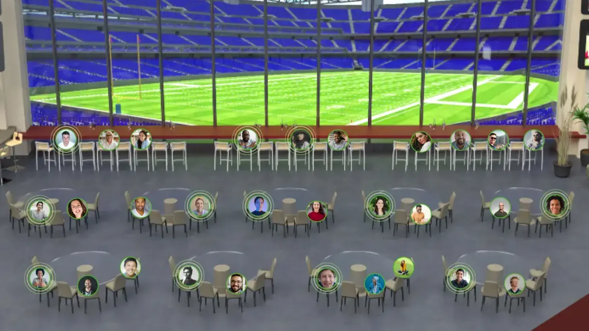 Virtual event venue with attendees networking at interactive tables inside an online conference platform designed for active participation.