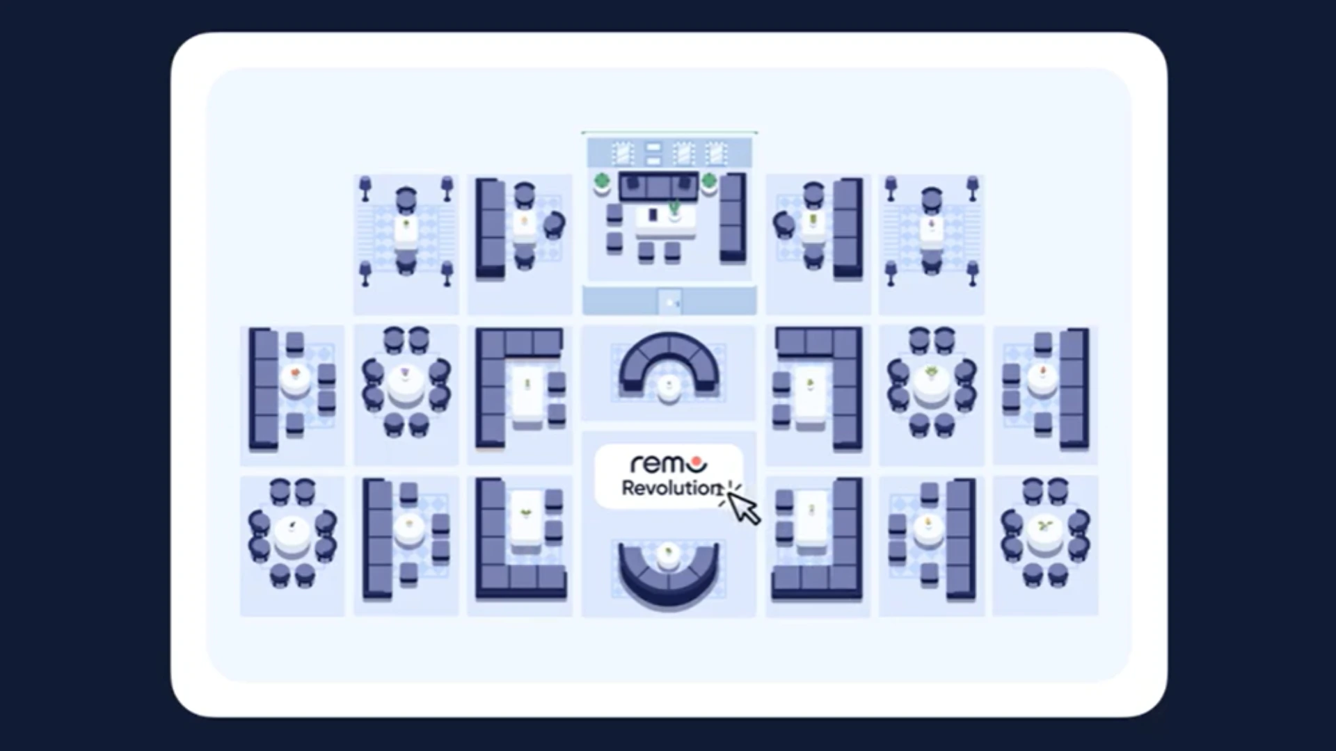 Virtual event floor plan featuring sponsor booths and branded networking tables within an interactive online event venue.
