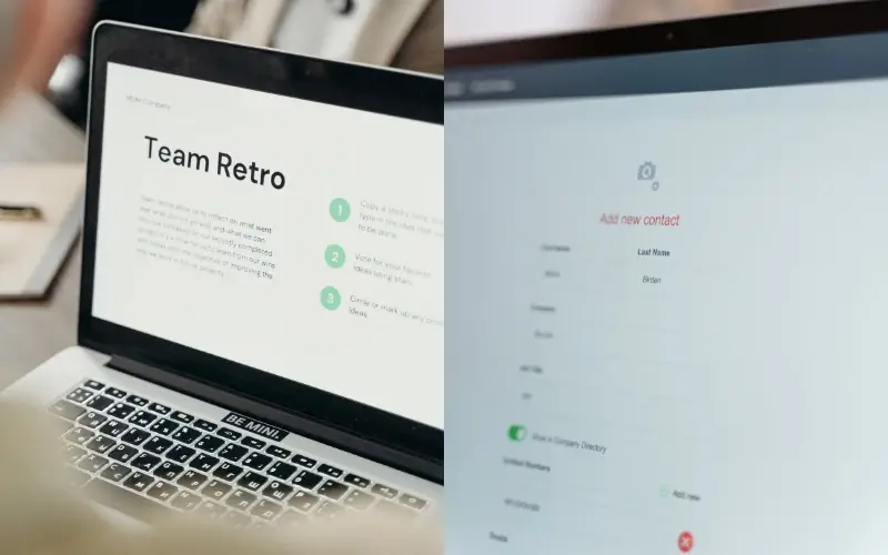 Laptop screens displaying a landing page and an online contact registration form.