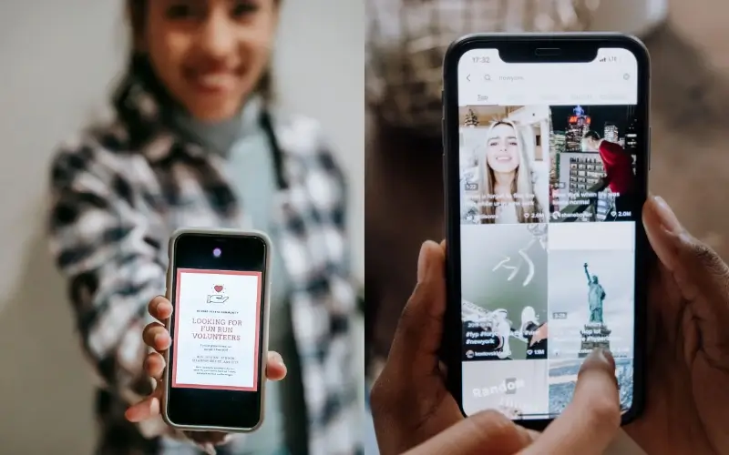 Hands holding smartphones displaying an event flyer and a social media search feed for promotion.