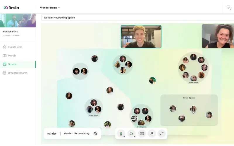 Brella’s interactive "Wonder Networking Space" displaying grouped attendee avatars in floating virtual discussion circles.