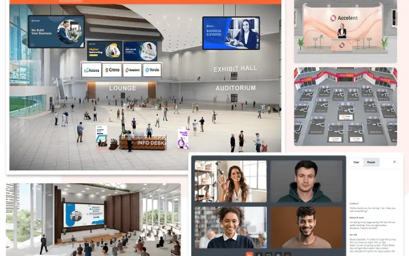vFairs virtual conference environment showing a 3D simulated lobby, exhibit hall, auditorium stage, and video panel grid.