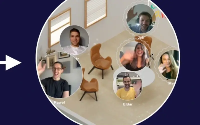 Circular close-up view of a virtual lounge setup featuring chairs surrounded by interactive video bubbles of waving participants.