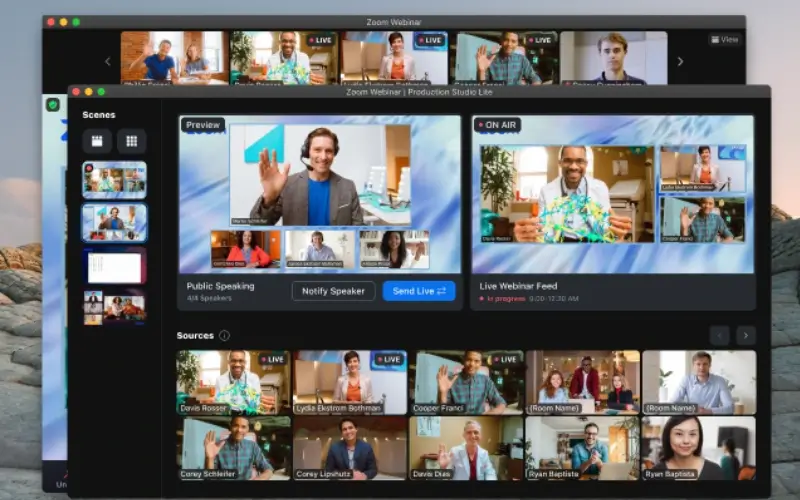 Zoom Webinar Production Studio control panel layout managing multi-speaker stage feeds, scene presets, and live broadcasting controls.