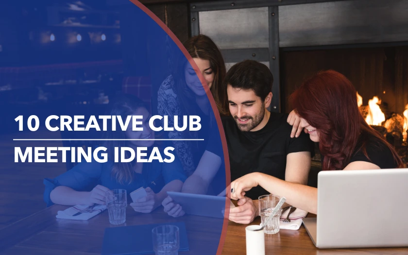 Group of professionals collaborating around a table with laptops and tablets, promoting creative club meeting ideas for professional associations and corporate groups.
