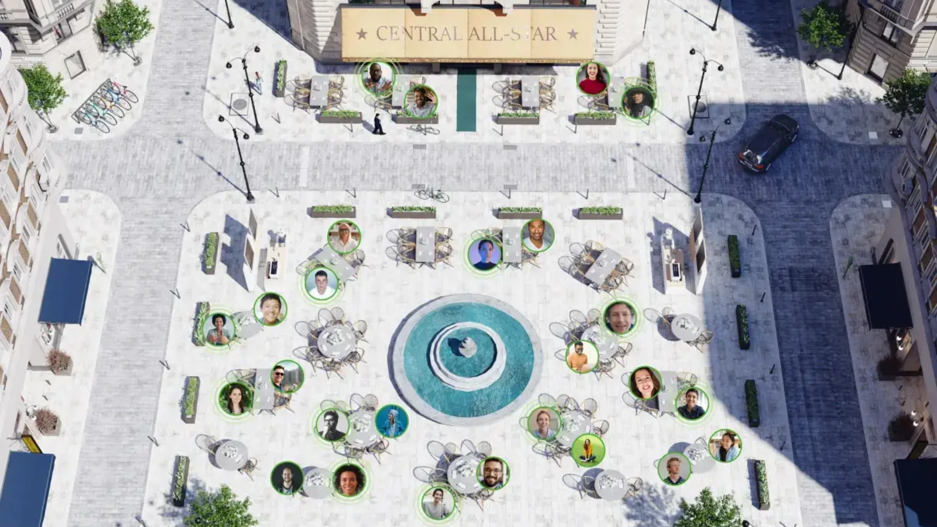 Virtual networking venue with attendees gathered around interactive tables in a digital town square for a remote club meeting.