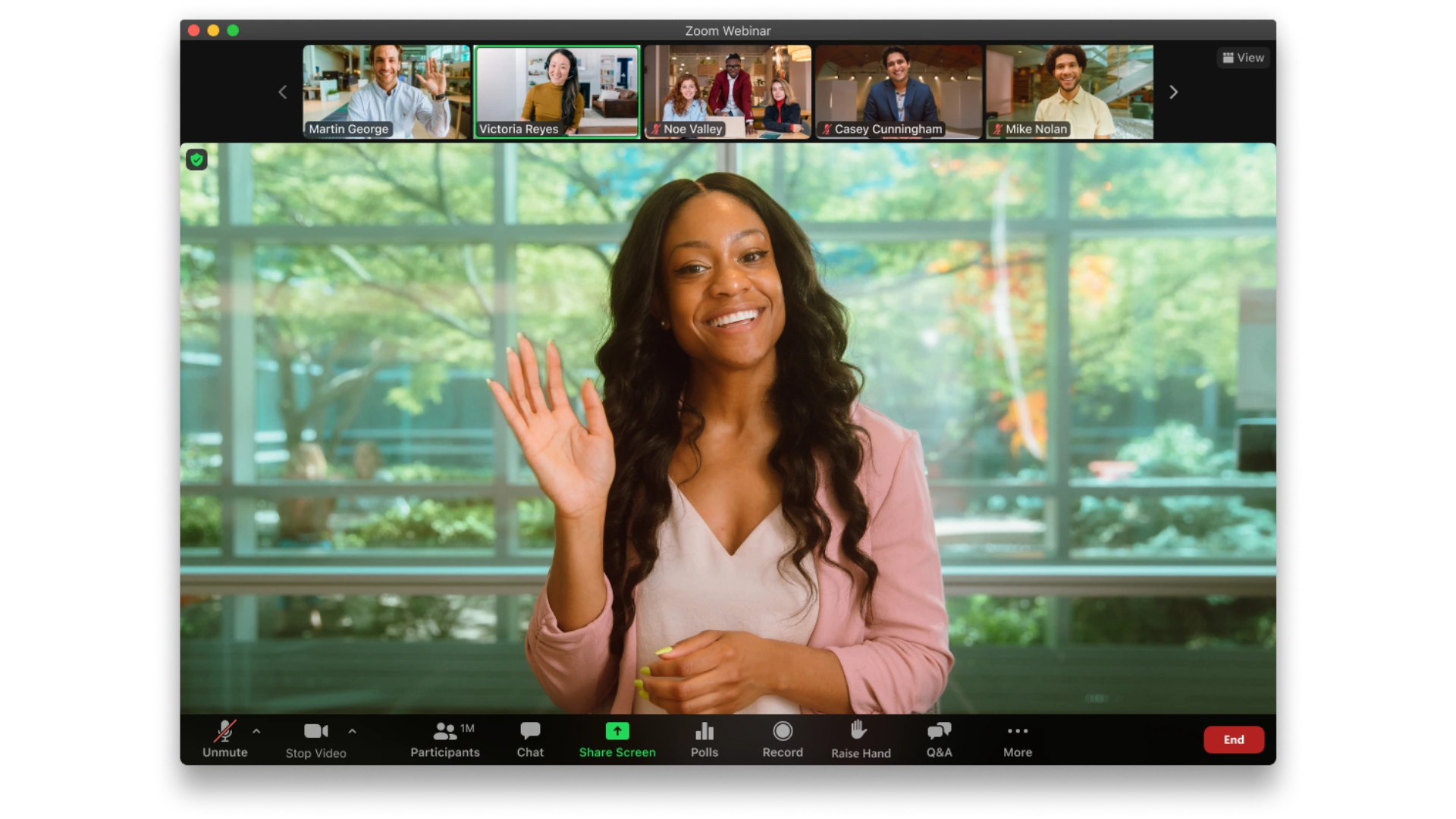 Zoom Webinar interface showing a presenter speaking with attendee video thumbnails and webinar controls.