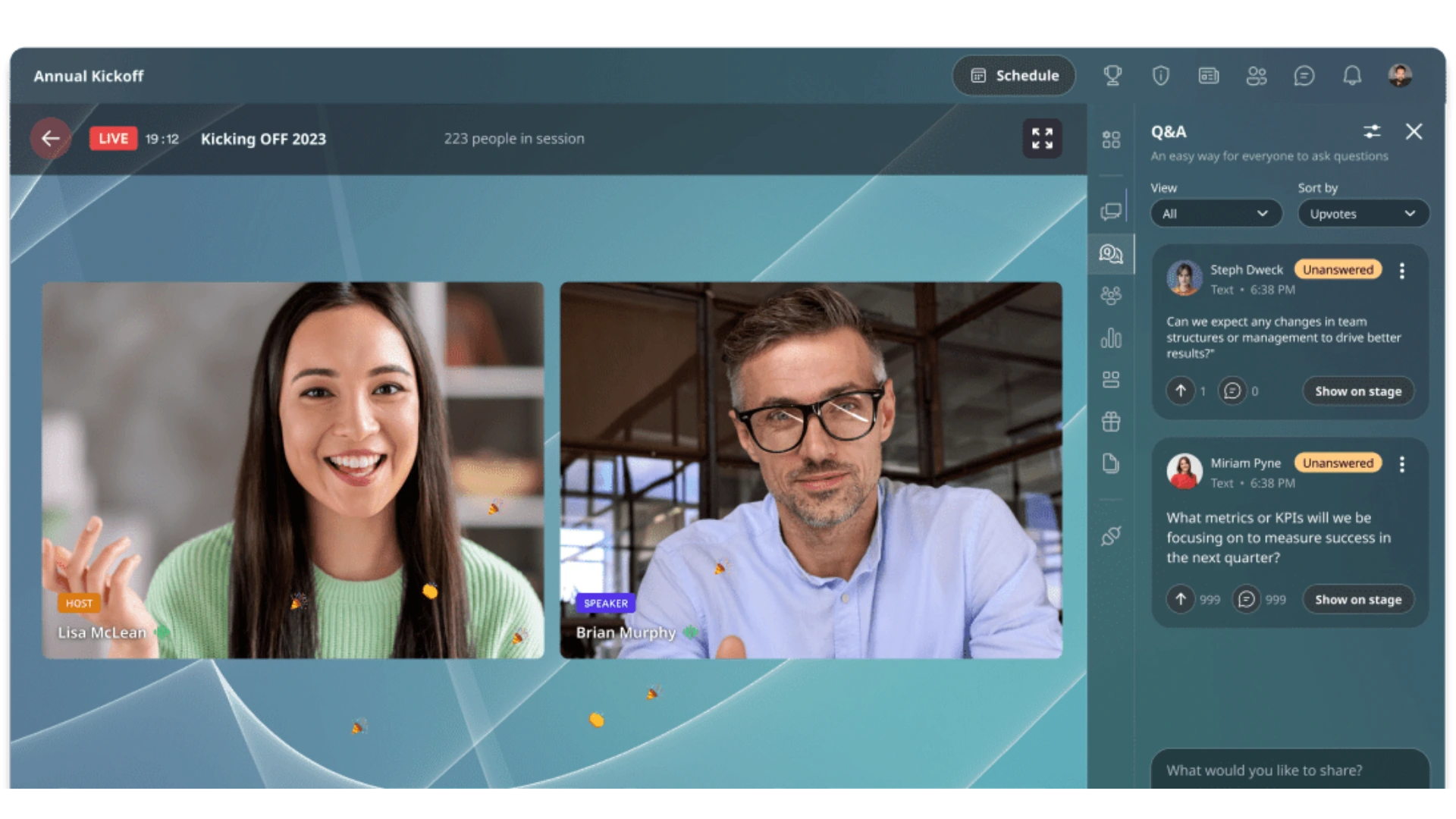 Airmeet webinar platform featuring presenters, live Q&A, and audience questions in a town hall session.