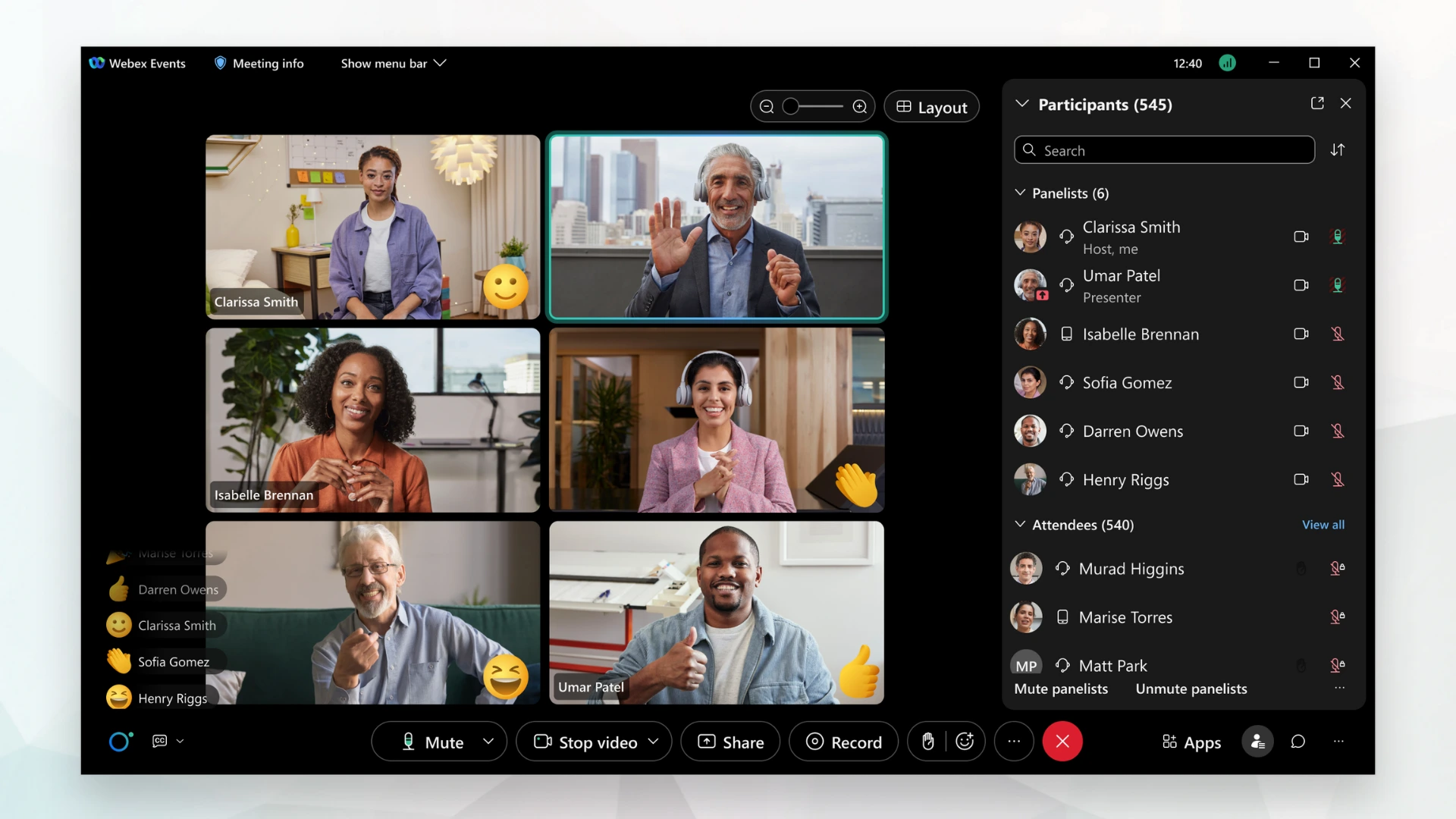 Webex Events interface with multiple presenters, participant panel, reactions, and webinar management controls.