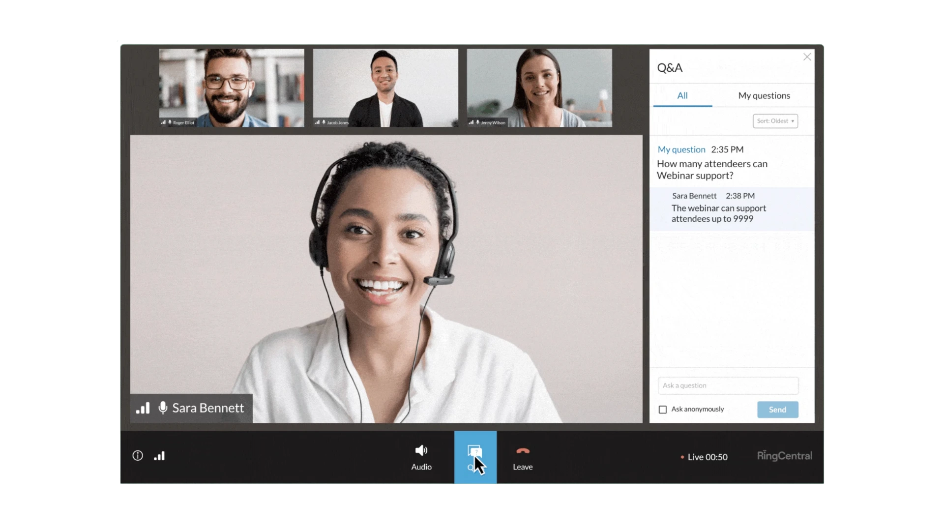 RingCentral Events webinar interface with presenter video, attendee panel, and live Q&A feature.