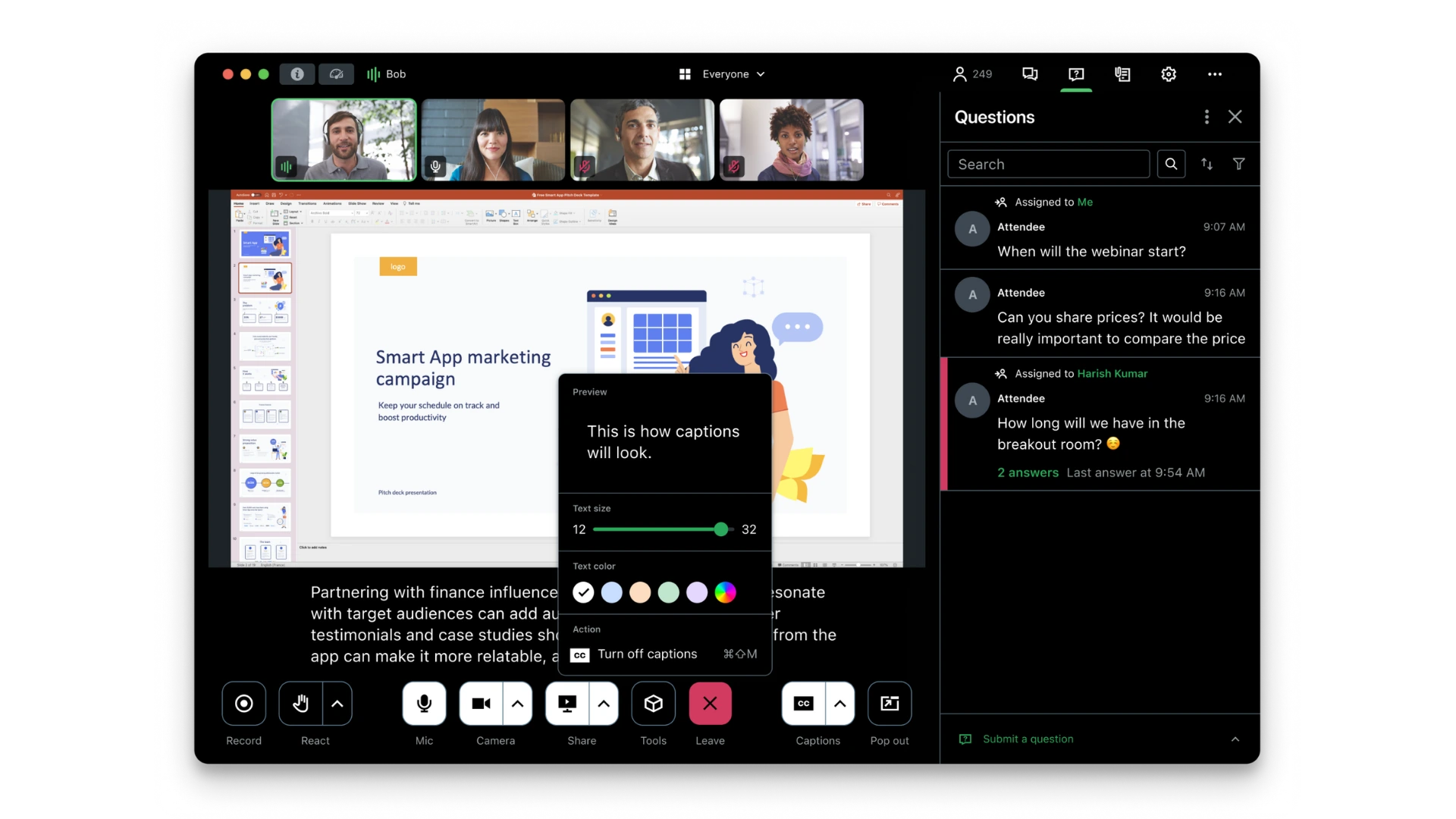 GoToWebinar webinar with live captions, presentation sharing, and moderated attendee Q&A panel.