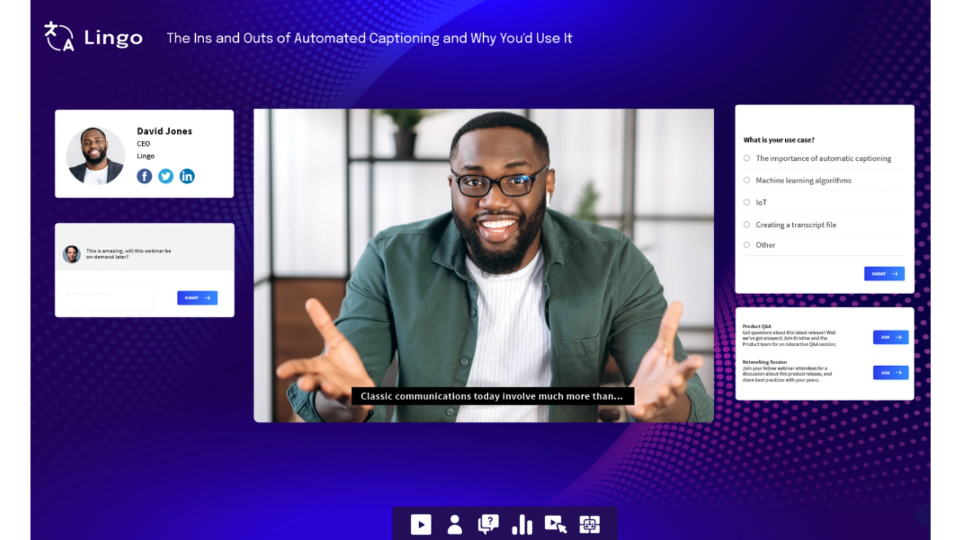 ON24 webinar platform with automatic captions, live polling, audience Q&A, and speaker profile for accessible online events.