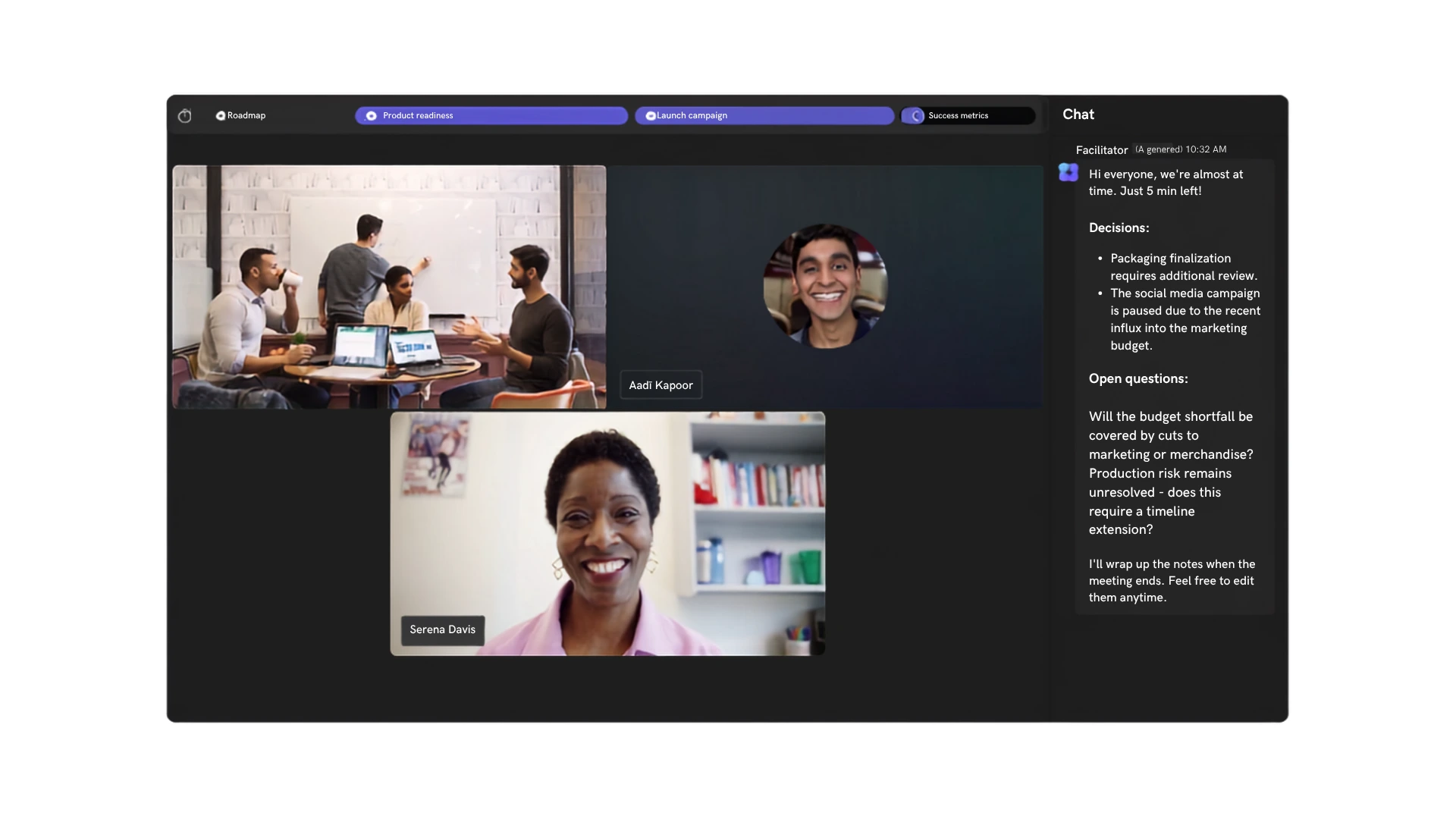 Microsoft Teams webinar platform with AI-generated meeting notes, participant video feeds, and collaborative chat sidebar.