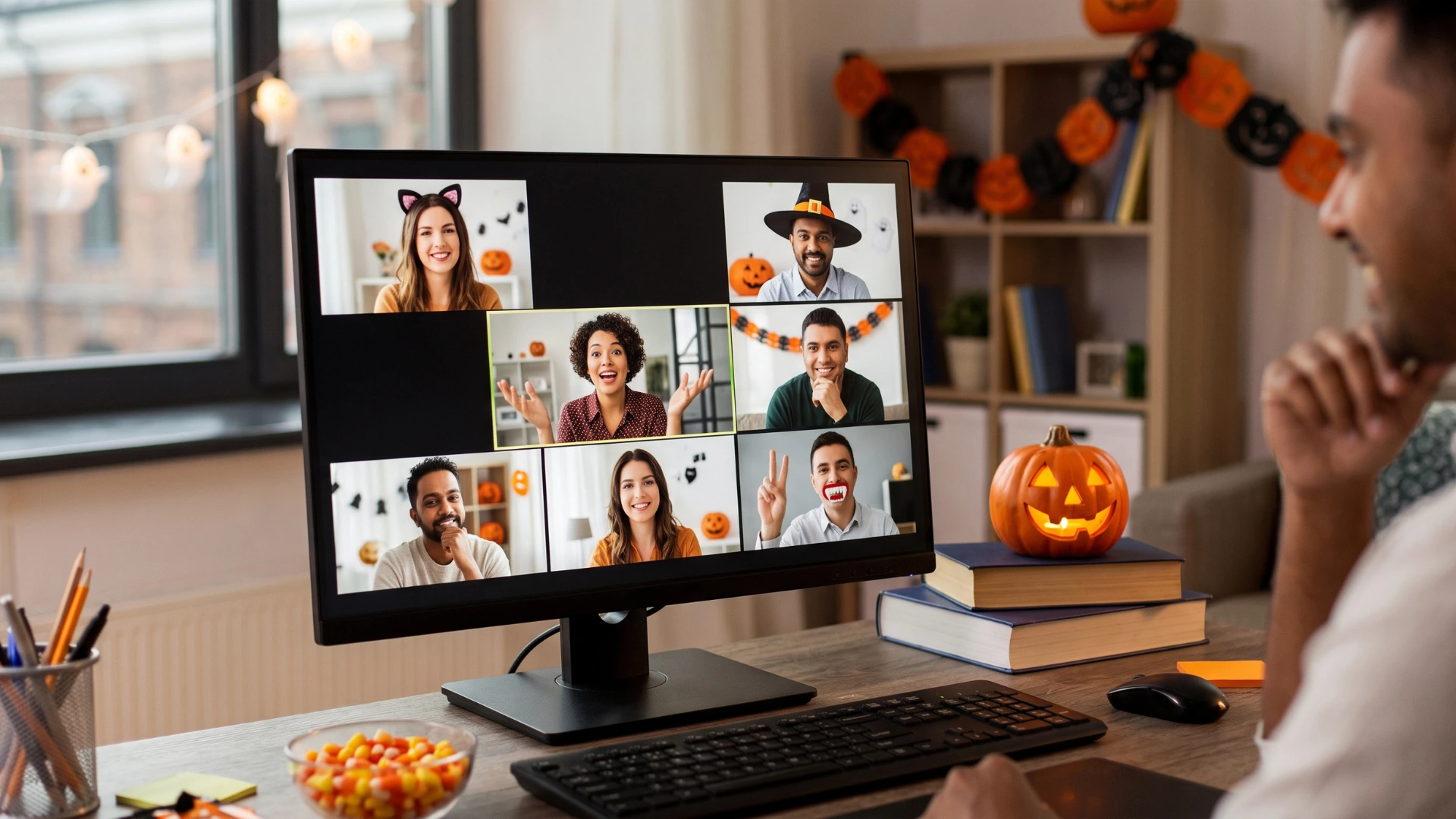 Remote team members wearing Halloween costumes during a virtual video call, with pumpkins and Halloween decorations in the background.