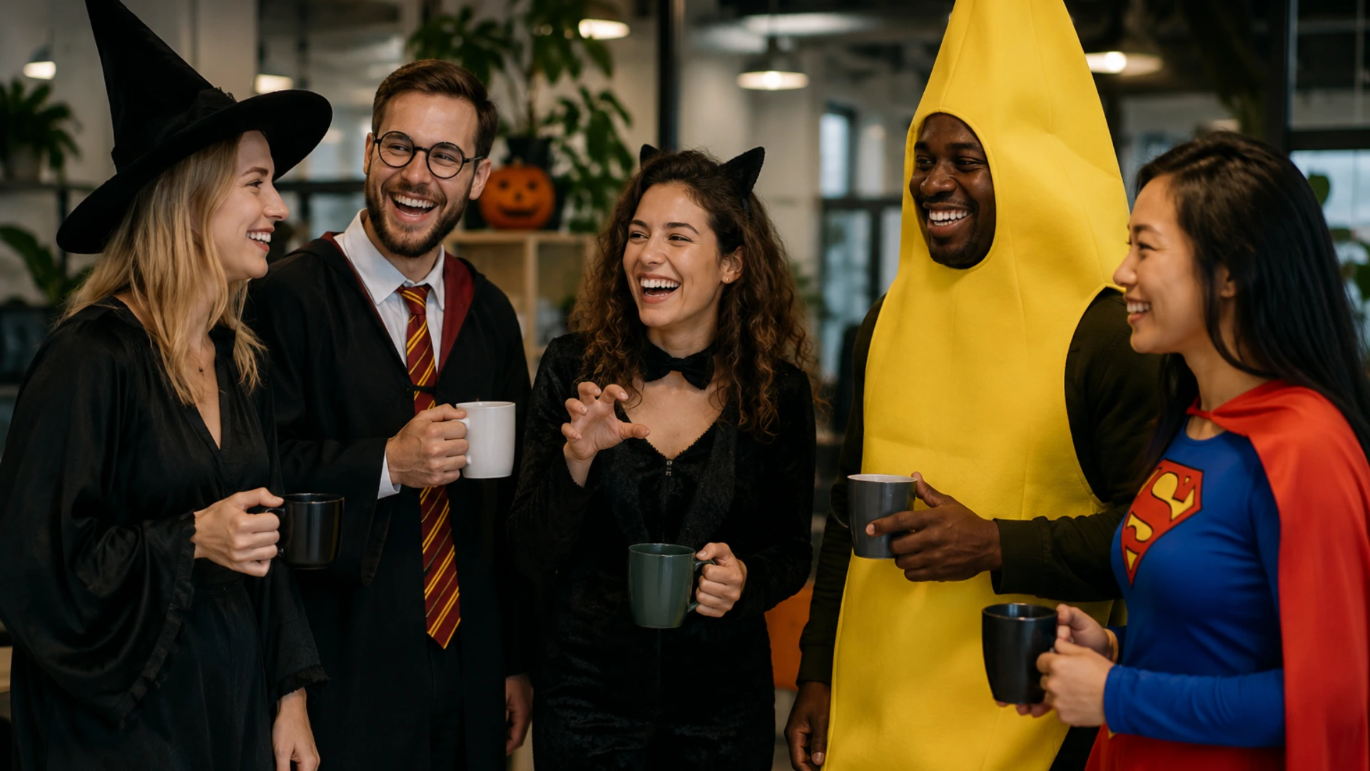 Coworkers in creative Halloween costumes laughing together during a workplace Halloween celebration.