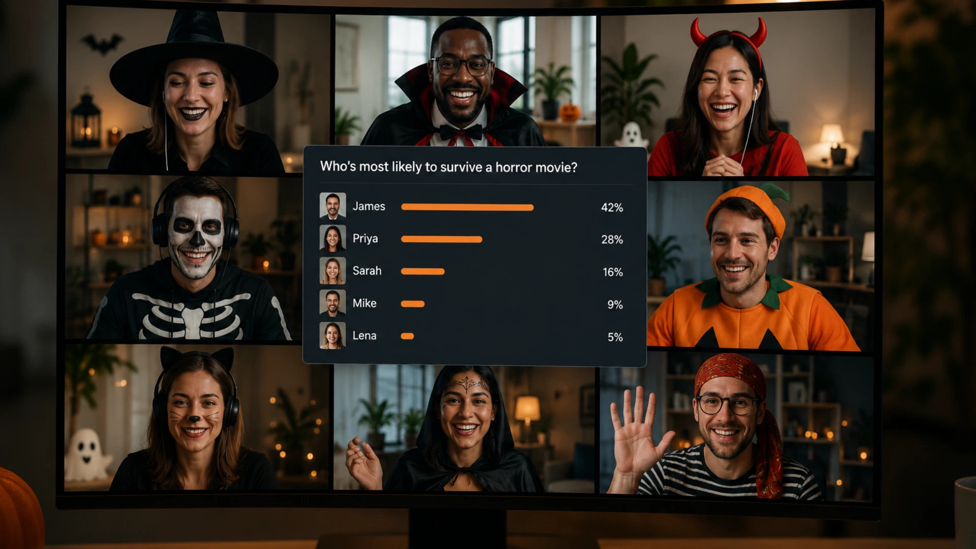 Remote team members in Halloween costumes participating in a virtual icebreaker poll during an online team meeting.