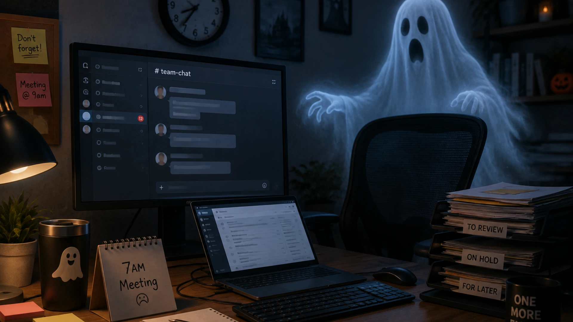 A ghost appears behind an empty desk during a remote work meeting, representing a missed virtual Halloween team activity.